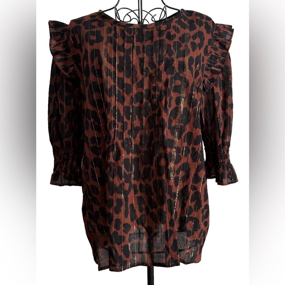 Loft Leopard Print Shimmer Blouse Ruffle Pintuck Metallic Top Large Brown Black